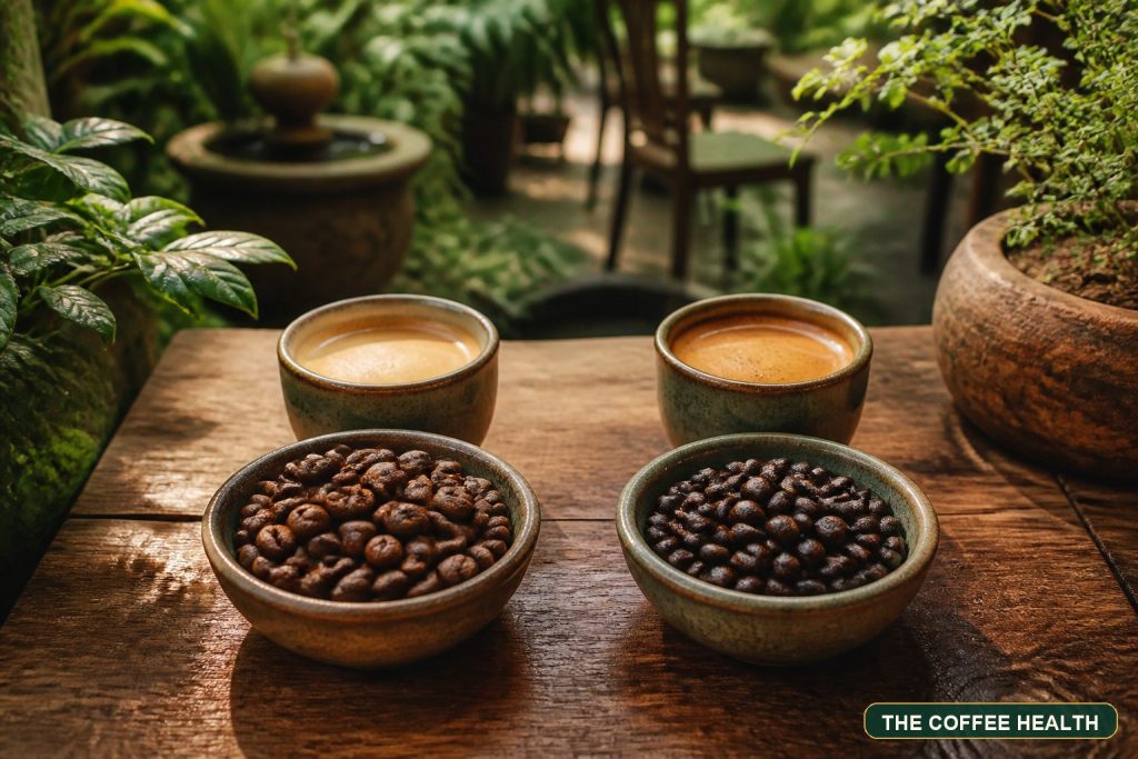 Hai nhóm hạt Arabica và Robusta cạnh hai tách Espresso trên bàn gỗ