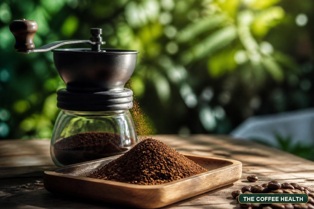 Bột cà phê mới xay cạnh máy xay và hạt nguyên trên bàn gỗ sân vườn