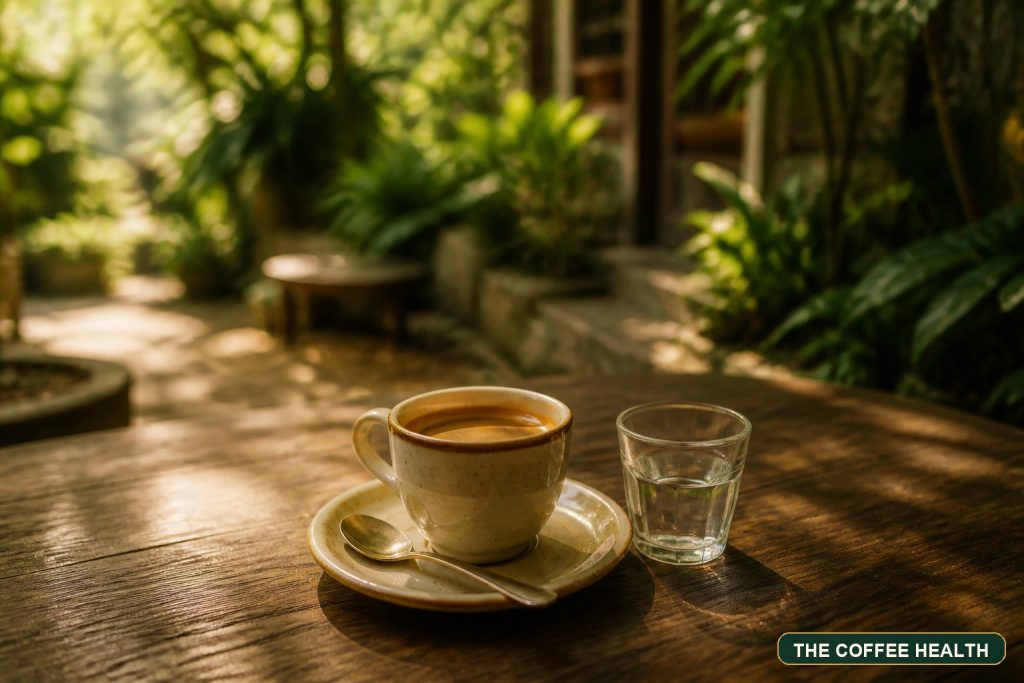 Tách Espresso, thìa nhỏ và ly nước lọc trong không gian sân vườn