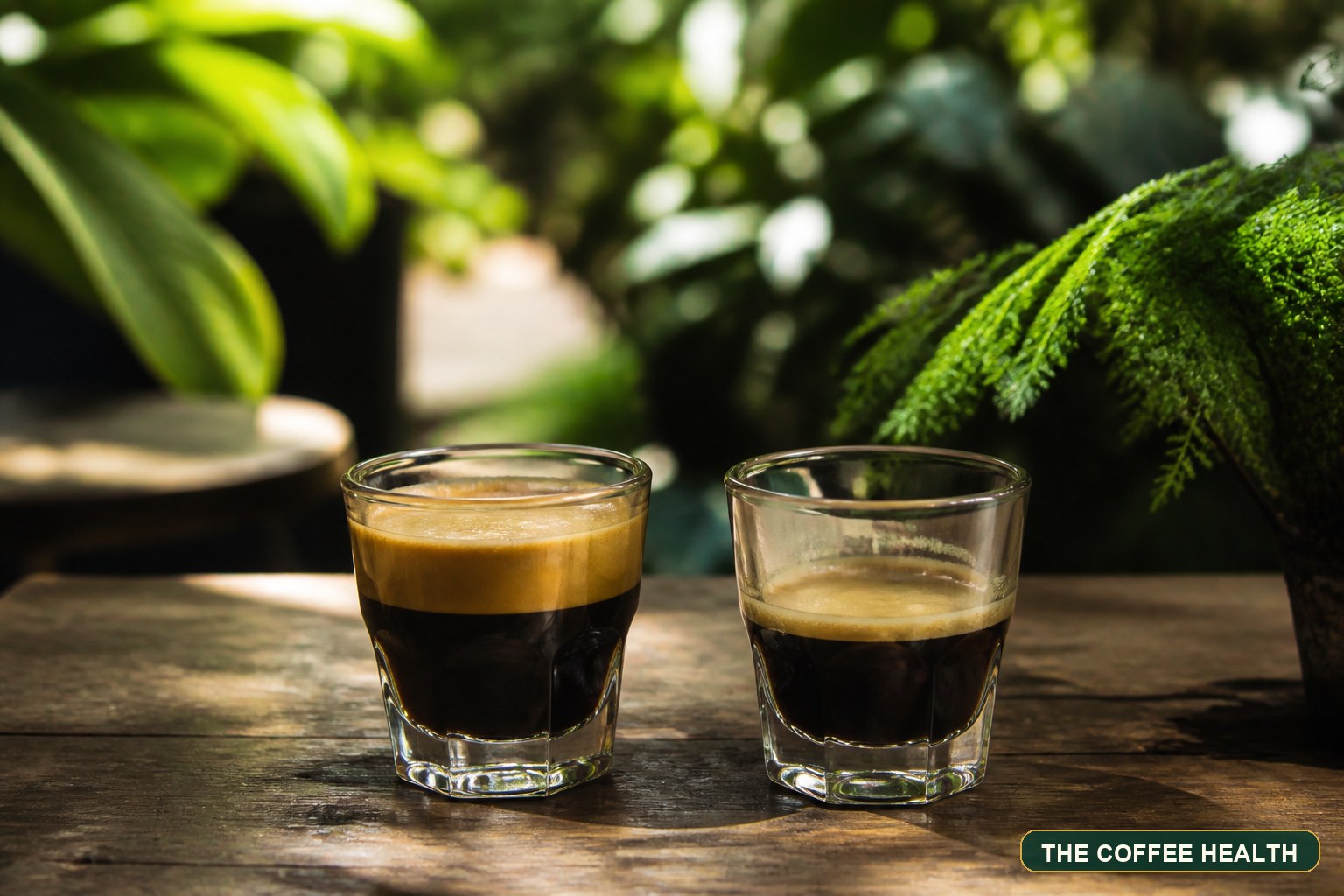 Hai ly Espresso với lớp crema dày và mỏng trên bàn gỗ sân vườn