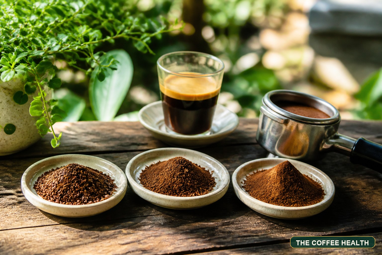 Ba mức bột cà phê từ thô đến mịn cạnh portafilter và tách Espresso