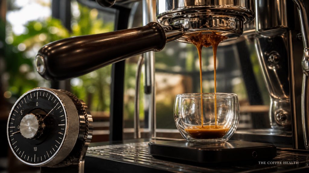 Dòng espresso chảy từ tay cầm máy pha