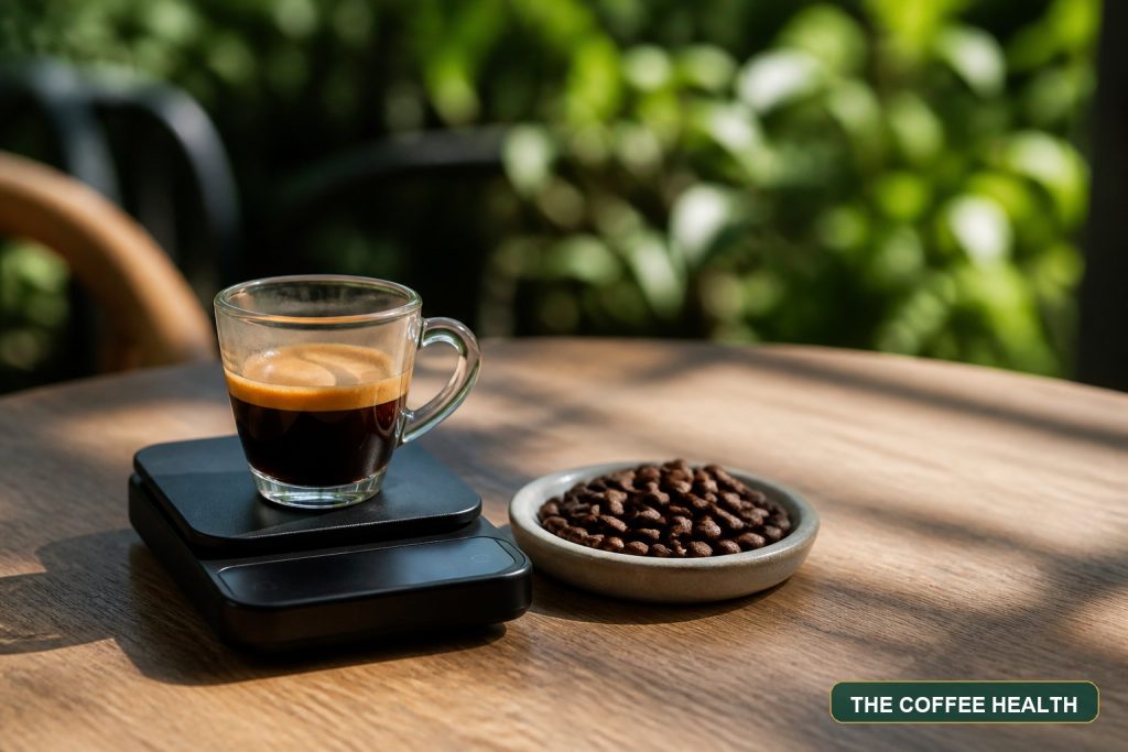 Tách Espresso trên cân minh họa cách ước tính caffeine
