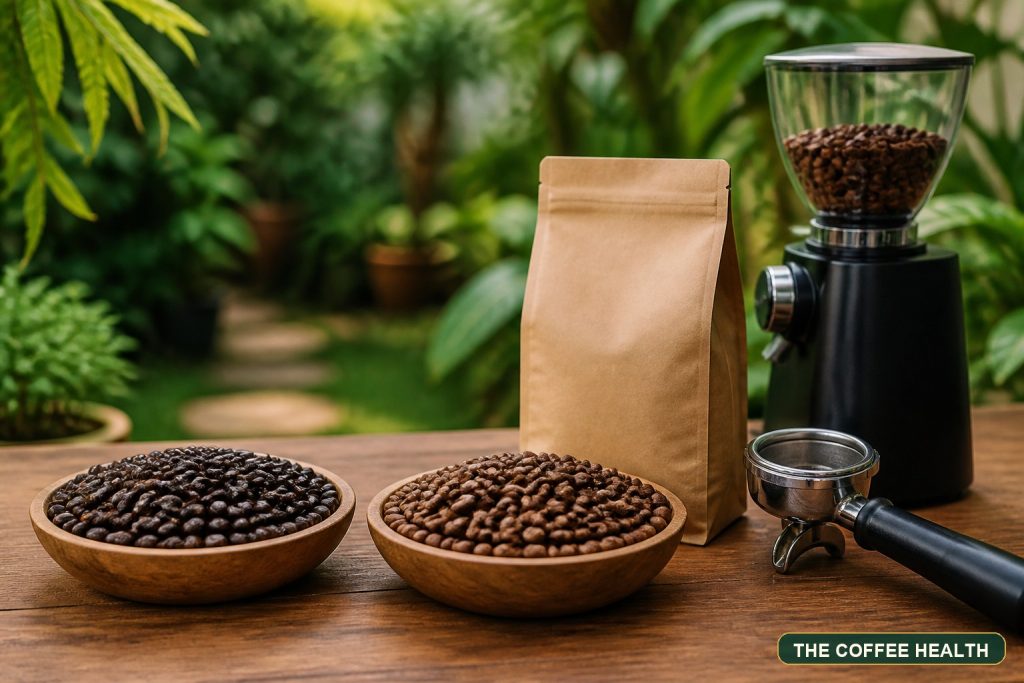 Hai loại hạt rang cạnh máy xay và portafilter trong không gian sân vườn