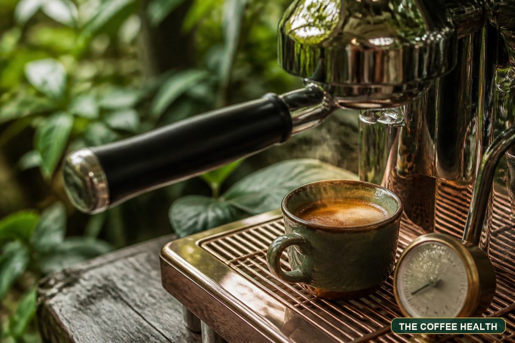 Tách Espresso bên máy pha và nhiệt kế trong không gian nhiều cây xanh