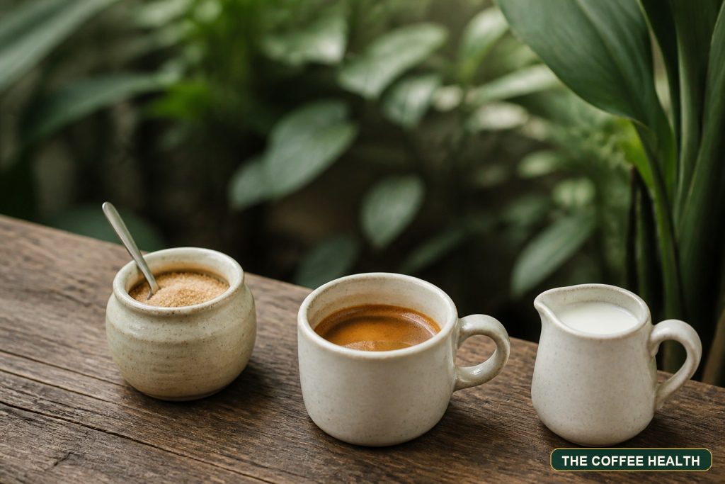 Tách Espresso cạnh hũ đường và ca sữa nhỏ trên bàn gỗ sân vườn